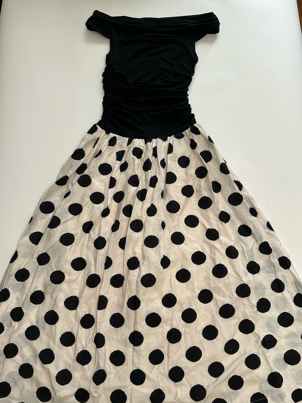 Off Shoulder Ruched Polka Dot Full Skirt Maxi Dress Romantic Retro Black Off-Sho - Picture 2 of 9